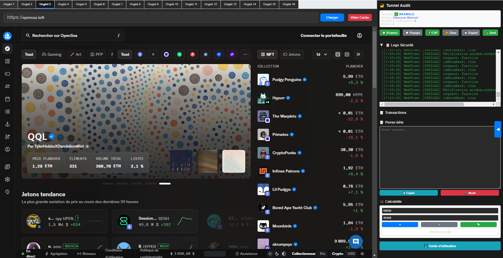 “Interface du Tunnel Web3 : navigation sécurisée, logs en temps réel et multi-onglets”
