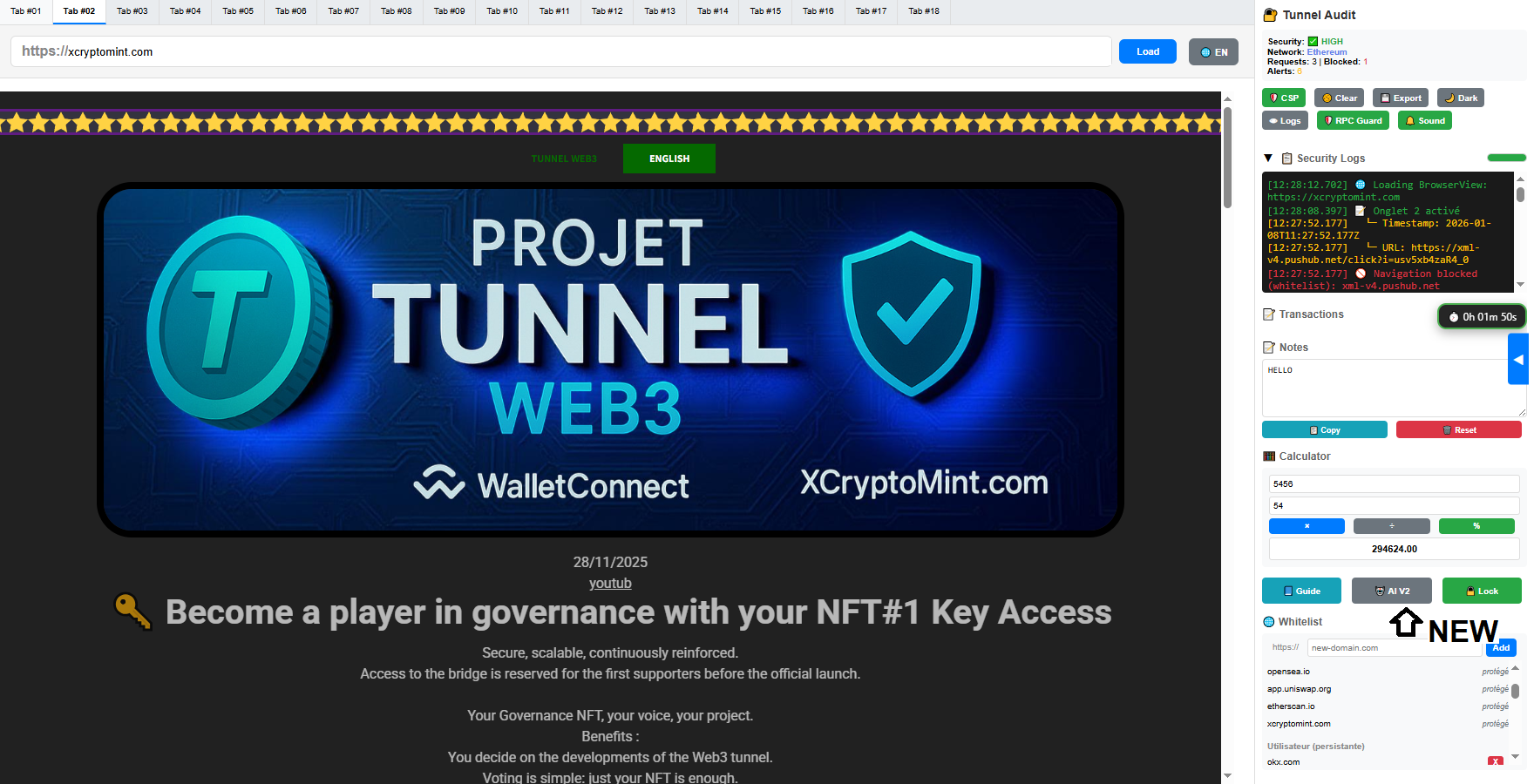 “Interface du Tunnel Web3 : navigation sécurisée, logs en temps réel et multi-onglets”